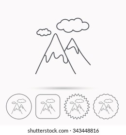 Mountain icon. Hills and clouds sign. Climbing travel symbol. Linear circle, square and star buttons with icons.