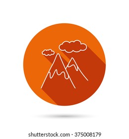 Mountain icon. Hills and clouds sign. Climbing travel symbol. Round orange web button with shadow.