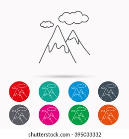Mountain icon. Hills and clouds sign. Climbing travel symbol. Linear icons in circles on white background.