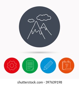 Mountain icon. Hills and clouds sign. Climbing travel symbol. Calendar, cogwheel, document file and pencil icons.
