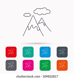 Mountain icon. Hills and clouds sign. Climbing travel symbol. Linear icons in squares on white background. Flat web symbols. Vector