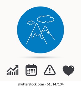 Mountain icon. Hills and clouds sign. Climbing travel symbol. Calendar, attention sign and growth chart. Button with web icon. Vector