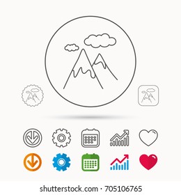 Mountain icon. Hills and clouds sign. Climbing travel symbol. Calendar, Graph chart and Cogwheel signs. Download and Heart love linear web icons. Vector