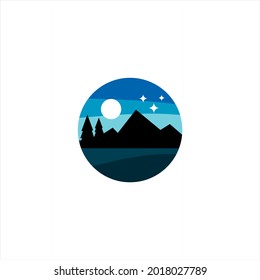 mountain icon illustration design at night, symbol and logo