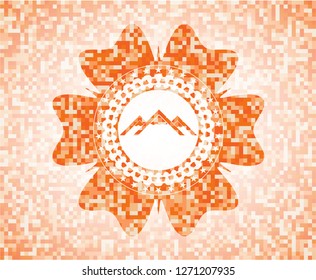 mountain icon inside abstract emblem, orange mosaic background