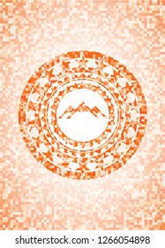 mountain icon inside abstract orange mosaic emblem with background