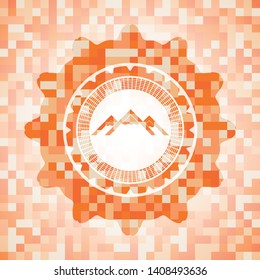 mountain icon inside abstract orange mosaic emblem with background