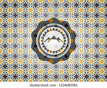 mountain icon inside arabesque emblem background. arabic decoration.