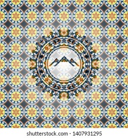 mountain icon inside arabesque emblem background. arabic decoration.