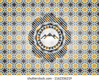 mountain icon inside arabic emblem background. Arabesque decoration.