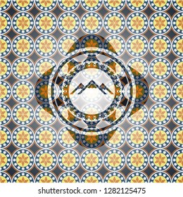mountain icon inside arabic emblem background. Arabesque decoration.