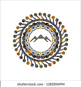 mountain icon inside arabic emblem background. Arabesque decoration.