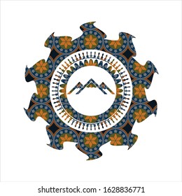 mountain icon inside arabic emblem background. Arabesque decoration.