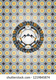 mountain icon inside arabic style badge. Arabesque decoration.