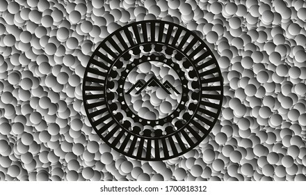 mountain icon inside black emblem with bubbles background. Vintage. Vector Illustration. Detailed.