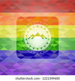 mountain icon inside emblem on mosaic background with the colors of the LGBT flag