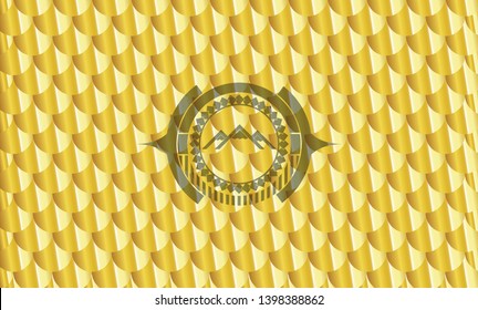 mountain icon inside gold emblem or badge. Scales pattern. Vector Illustration. Detailed.