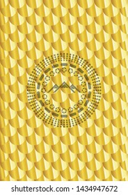mountain icon inside gold shiny emblem. Scales pattern. Vector Illustration. Detailed.