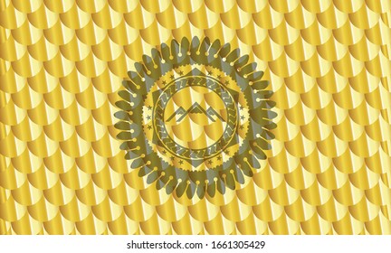mountain icon inside gold shiny emblem. Scales pattern. Vector Illustration. Detailed.