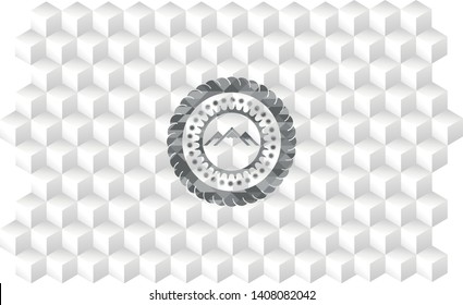 mountain icon inside grey badge with geometric cube white background