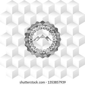 mountain icon inside grey emblem. Retro with geometric cube white background