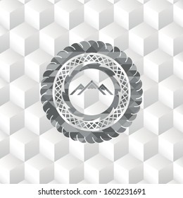 mountain icon inside grey emblem. Retro with geometric cube white background