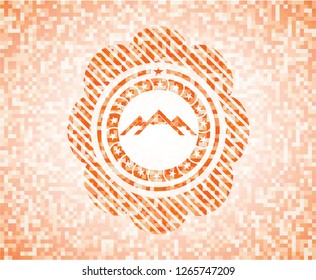 mountain icon inside orange mosaic emblem with background