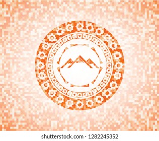 mountain icon inside orange mosaic emblem with background