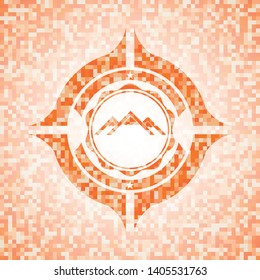 mountain icon inside orange tile background illustration. Square geometric mosaic seamless pattern with emblem inside.