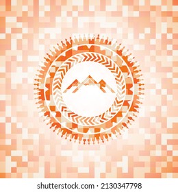 mountain icon inside orange tile background illustration. Square geometric mosaic seamless pattern with emblem inside. 