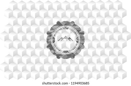 mountain icon inside realistic grey emblem with cube white background