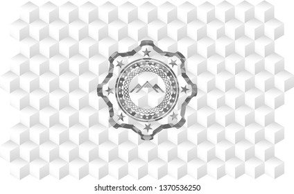mountain icon inside realistic grey emblem with cube white background