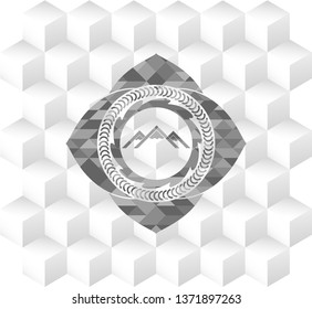 mountain icon inside realistic grey emblem with cube white background