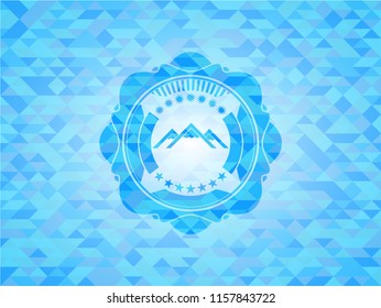 mountain icon inside realistic sky blue emblem. Mosaic background