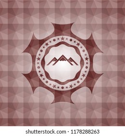 mountain icon inside red badge with geometric pattern background. Seamless.