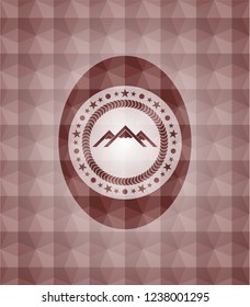mountain icon inside red emblem with geometric pattern background. Seamless.