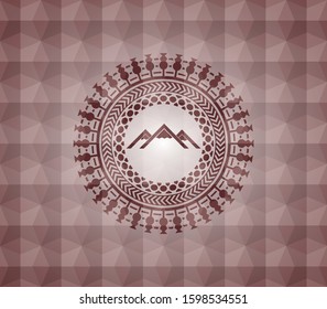 mountain icon inside red emblem or badge with geometric pattern background. Seamless.