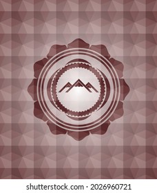 mountain icon inside red emblem with geometric pattern background. Seamless. 