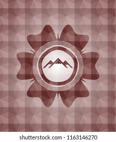 mountain icon inside red geometric emblem. Seamless.