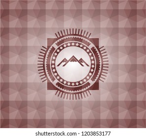 mountain icon inside red geometric emblem. Seamless.