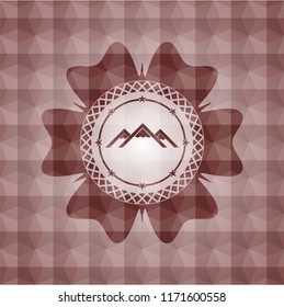 mountain icon inside red polygonal badge. Seamless.