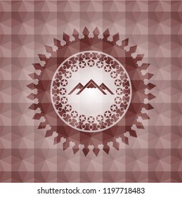 mountain icon inside red seamless emblem or badge with abstract geometric polygonal pattern background.