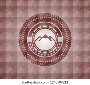 mountain icon inside red seamless polygonal badge.