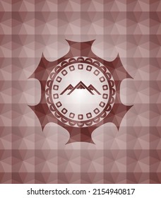 mountain icon inside red seamless emblem with geometric pattern background. 