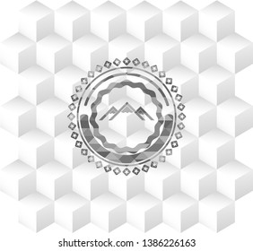 mountain icon inside retro style grey emblem with geometric cube white background