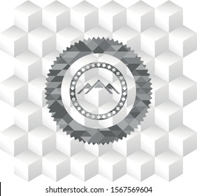 mountain icon inside retro style grey emblem with geometric cube white background