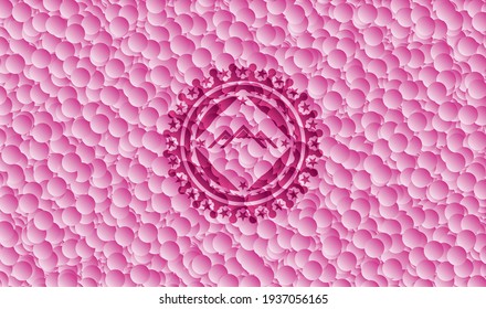 mountain icon inside retro style pink emblem with bubbles background. Vector Illustration. Detailed. 