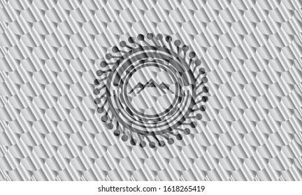 mountain icon inside shiny silver emblem. Scales pattern. Vector Illustration. Detailed.
