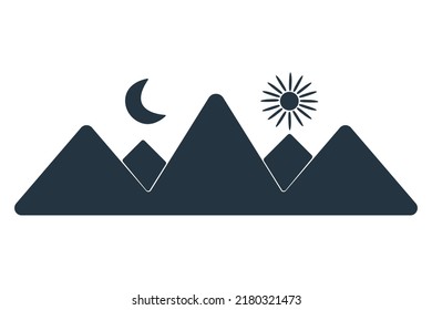 Icono de montaña aislado en fondo blanco. Colinas con señal o etiqueta de diseño minimalista de luna y sol. Sencillo símbolo alp negro. Silueta de montaña insignia. Descansa en la naturaleza. Ilustración del vector