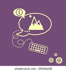 Mountain icon and keyboard design elements. Line icons for application development, web page coding and programming, creative process